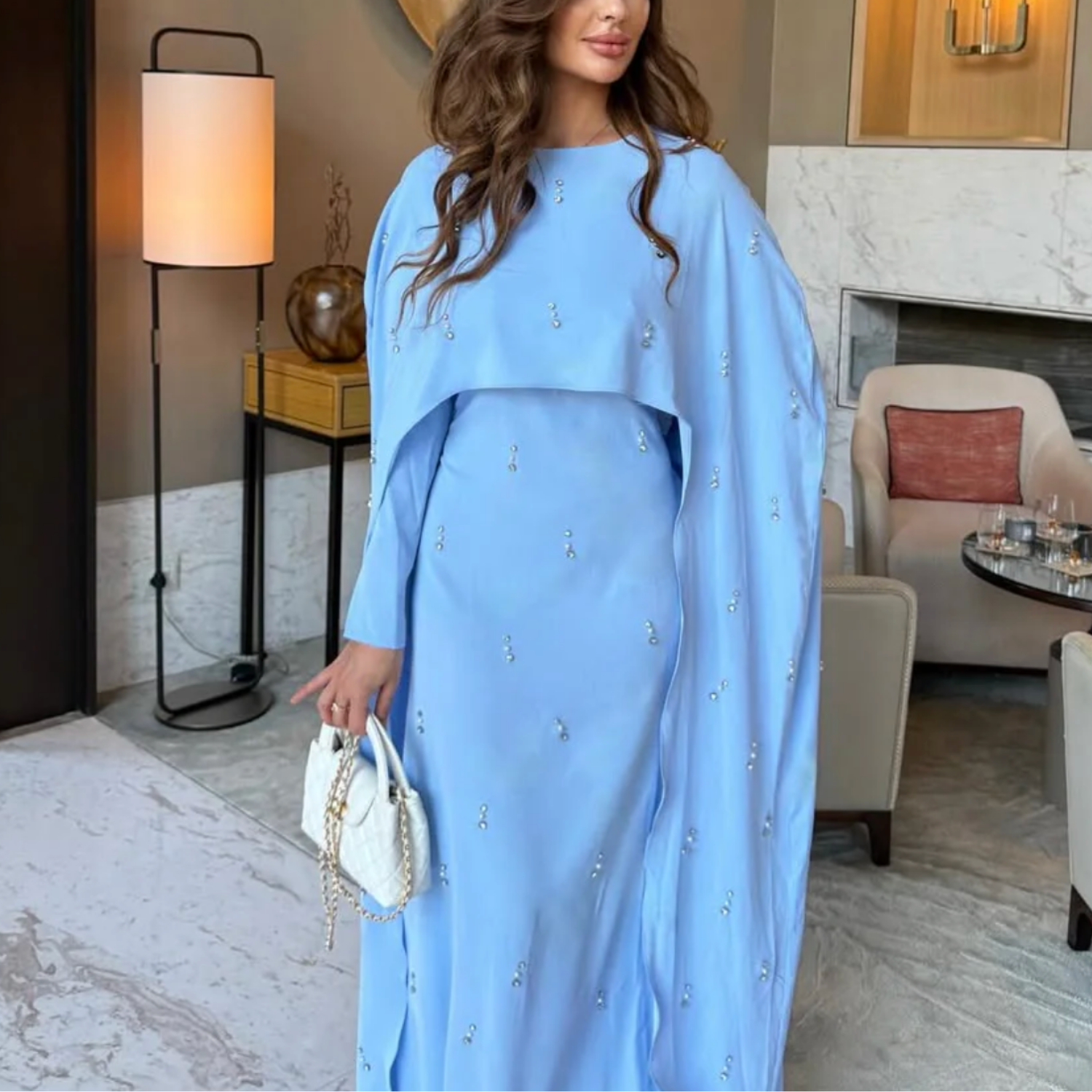 Blue Pearl Rhinestone Long Drape Sleeves Evening Dress (Abaya)