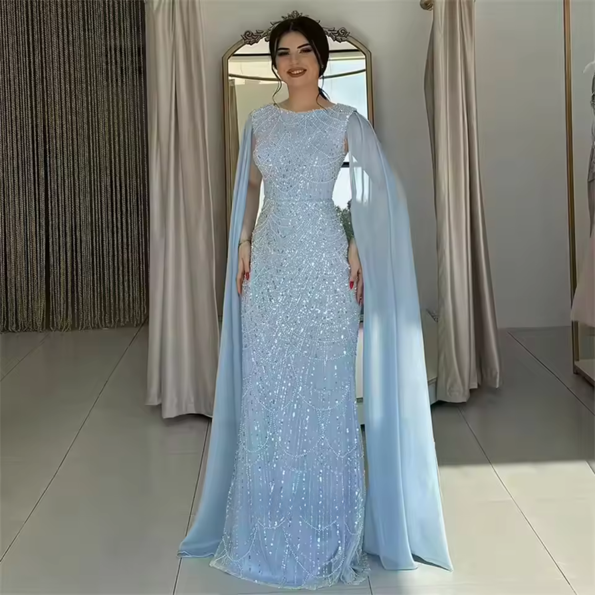 Blue Sparkly Sequin Chiffon Cape Sleeves Floor-Length Gown