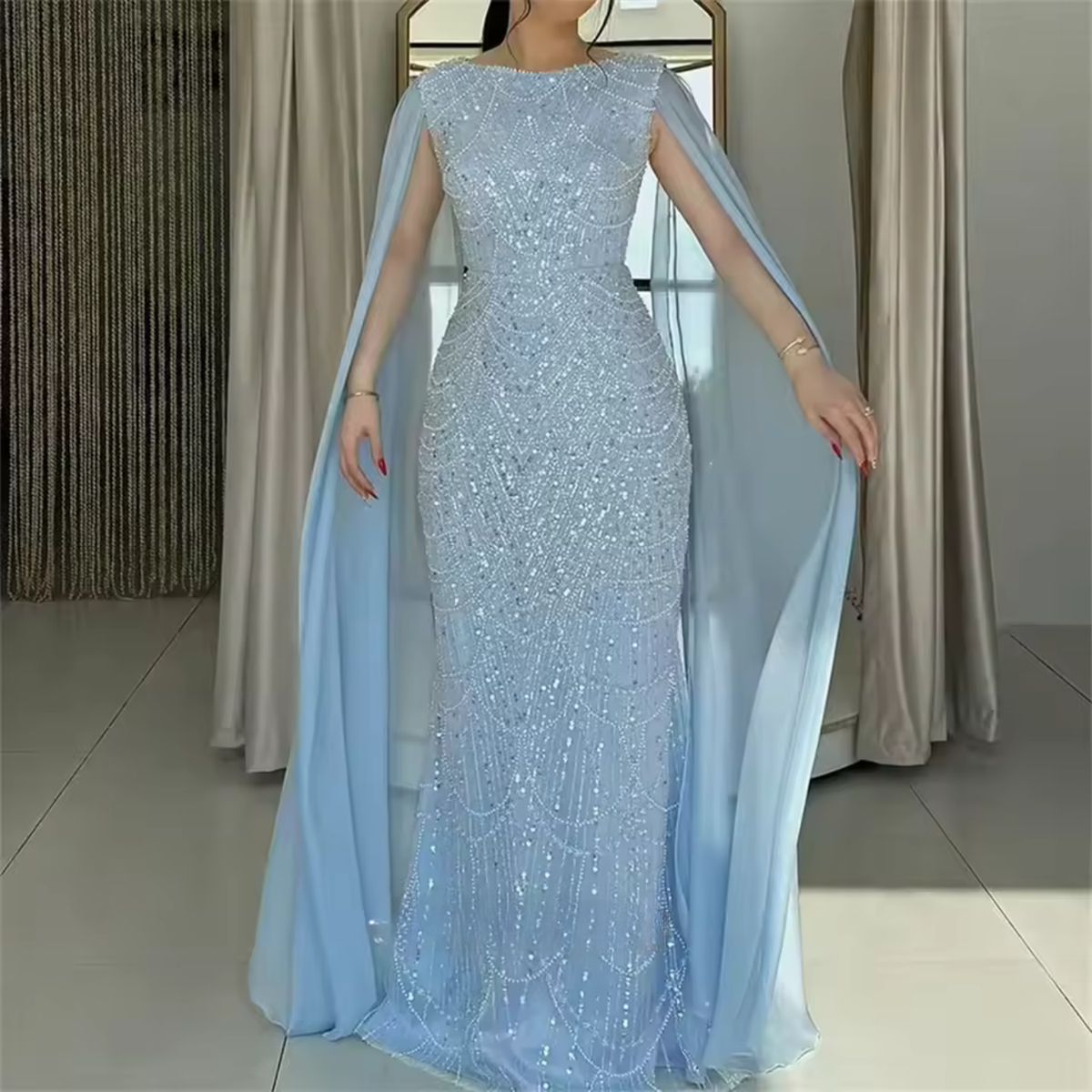 Blue Sparkly Sequin Chiffon Cape Sleeves Floor-Length Gown