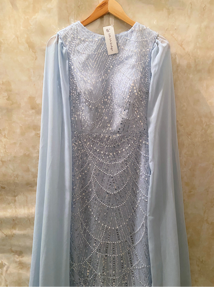 Blue Sparkly Sequin Chiffon Cape Sleeves Floor-Length Gown