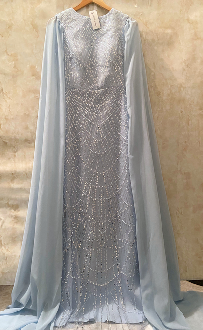 Blue Sparkly Sequin Chiffon Cape Sleeves Floor-Length Gown