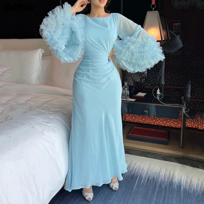 Blue Chiffon Modest Prom Dress