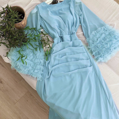 Blue Chiffon Modest Long Ruffle Sleeves Party Dress 16W Blue Chiffon Modest Long Ruffle Sleeves Party Dress 16W