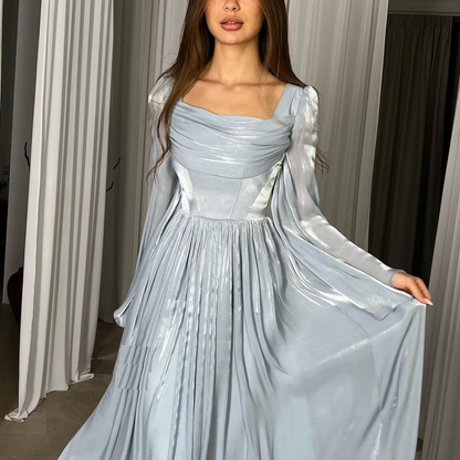 Blue Chiffon Pleated Flare Sleeves Evening Dress, Front 2