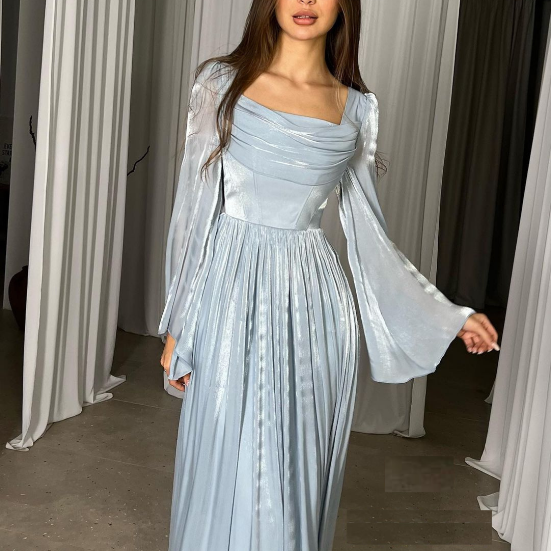 Blue Chiffon Pleated Flare Sleeves Evening Dress, Close Up 2