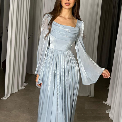 Blue Chiffon Pleated Flare Sleeves Evening Dress, Close Up 2