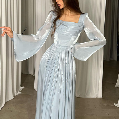 Blue Chiffon Pleated Flare Sleeves Evening Dress, Left
