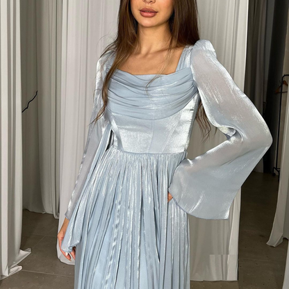 Blue Chiffon Pleated Flare Sleeves Evening Dress, Front