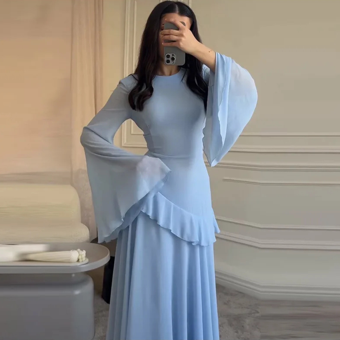 Light Yellow Modest Chiffon Flare Sleeves A-Line Long Dress XL / Light Blue Light Yellow Modest Chiffon Flare Sleeves A-Line Long Dress XL / Light Blue