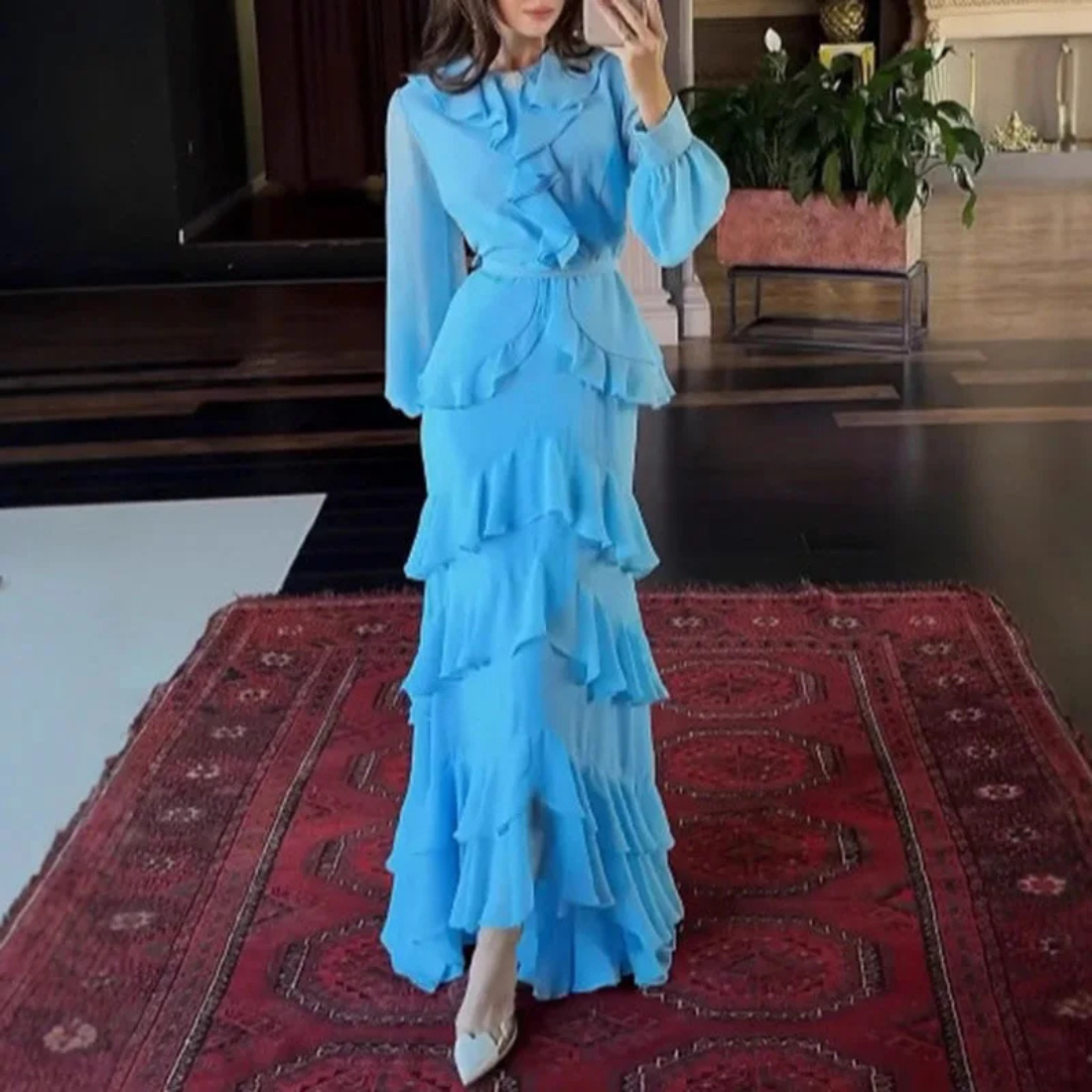 Blue Modest Chiffon Ruffle Puff Sleeves Mermaid Long Dress