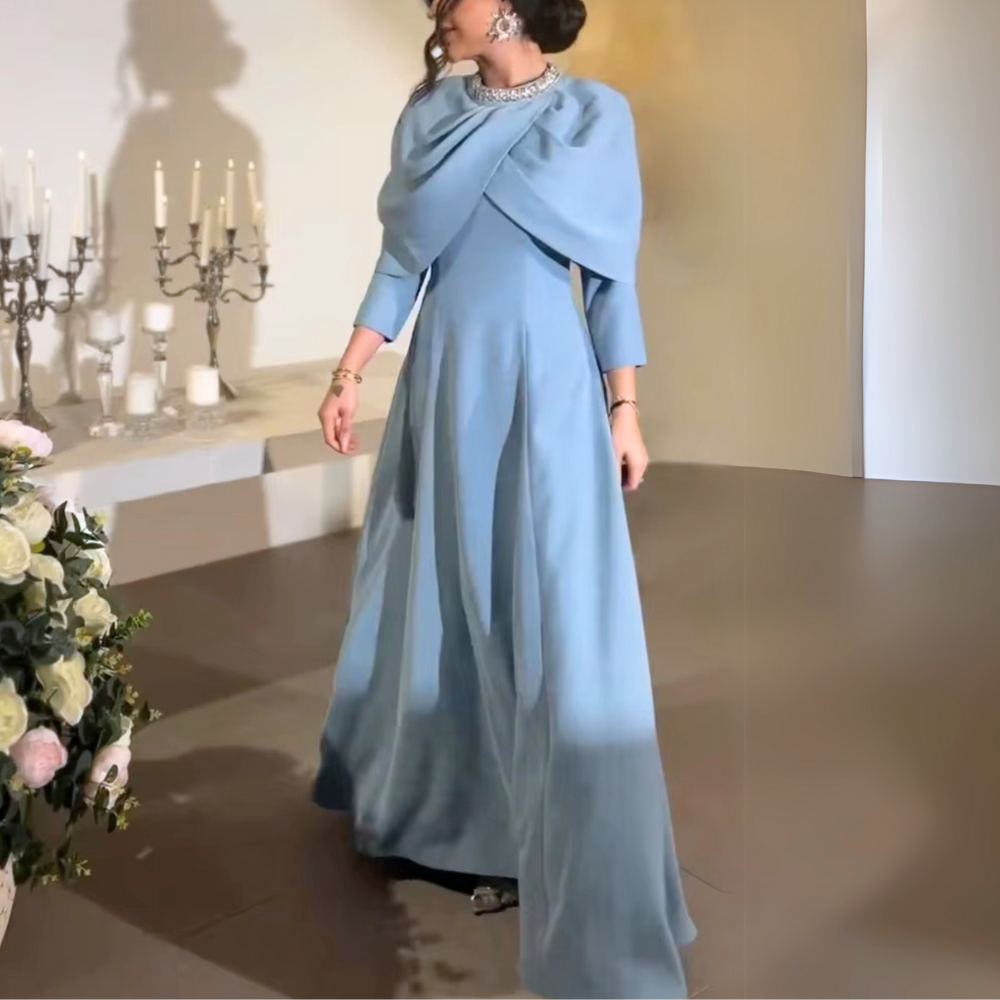 Blue Modest Shawl Cross Design Long Dress, Front