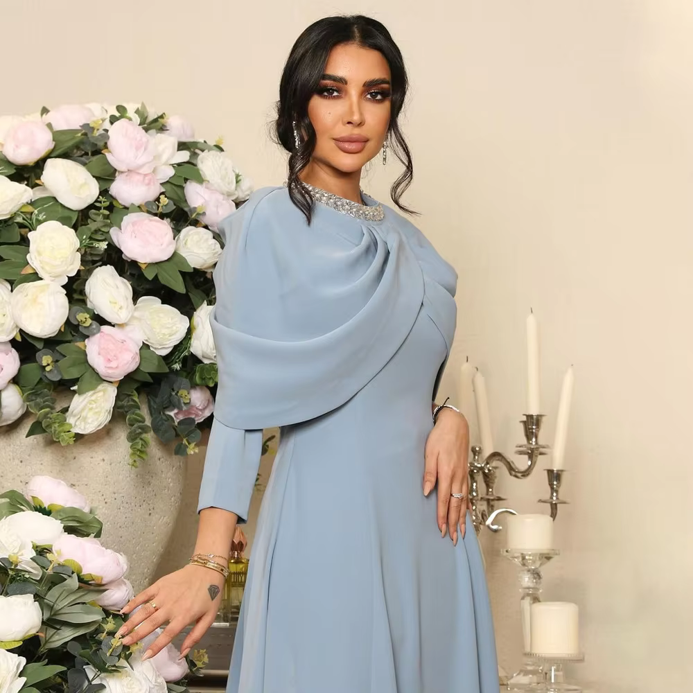 Blue Modest Shawl Cross Design Long Dress, Closeup