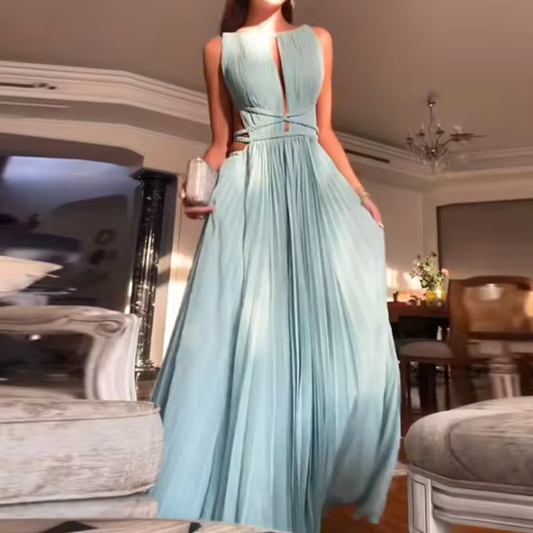 Blue Sleeveless Pleated Backless Tie Evening Dress, Front