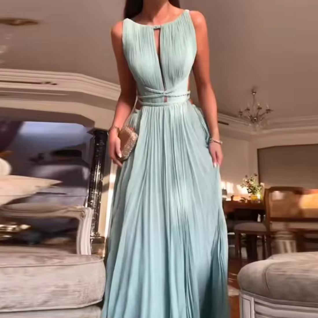 Blue Sleeveless Pleated Backless Tie Evening Dress, Close Up