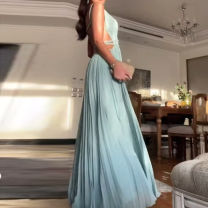 Blue Sleeveless Pleated Backless Tie Evening Dress, Left