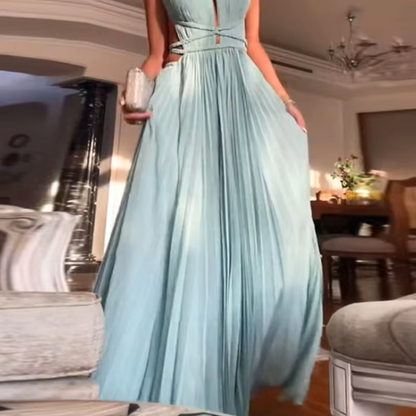 Blue Sleeveless Pleated Backless Tie Evening Dress, Bottom