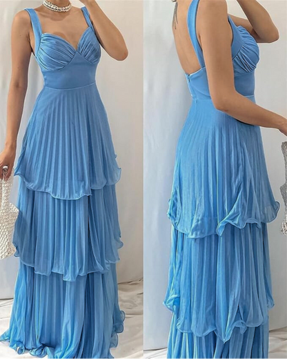 Blue Sweetheart Neck Ruffle Layered Floor Length Dress, Left