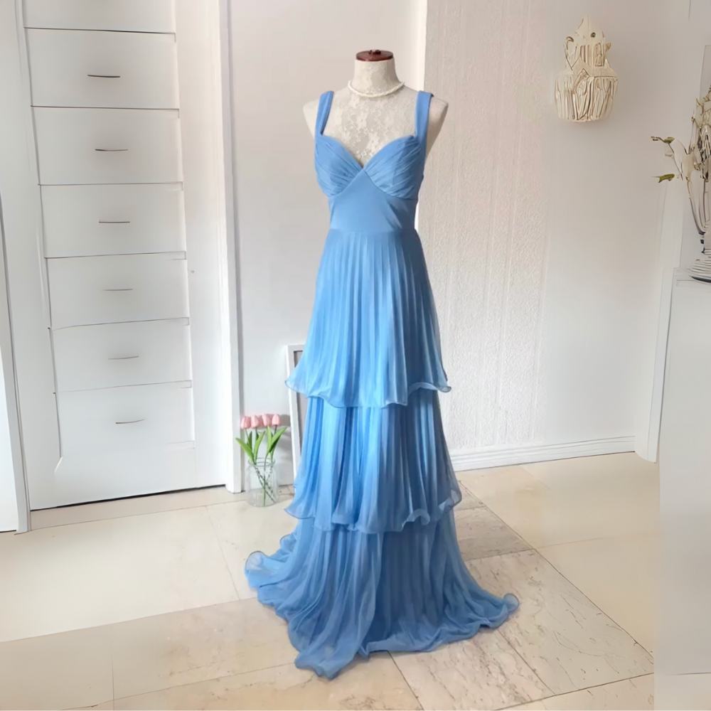 Blue Sweetheart Neck Ruffle Layered Floor Length Dress, Full Body