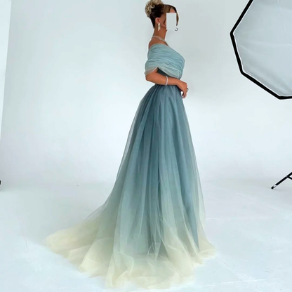 Blue and Yellow Organza Off Shoulder Wrap A-Line Gown, Left