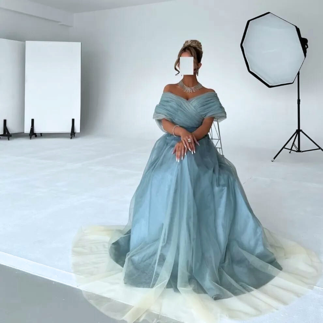 Blue and Yellow Organza Off Shoulder Wrap A-Line Gown, Right