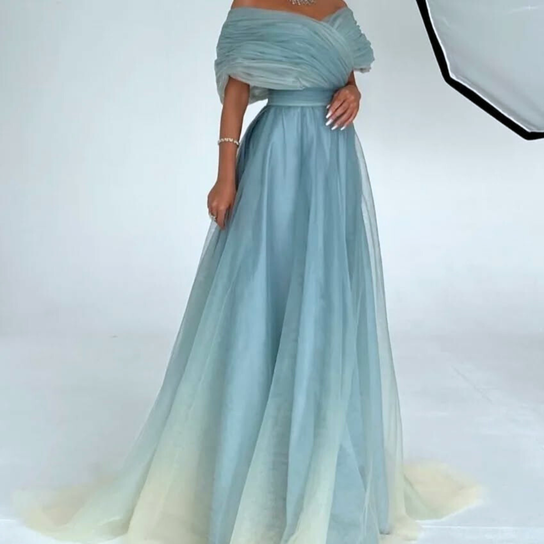 Blue and Yellow Organza Off Shoulder Wrap A-Line Gown, Close Up