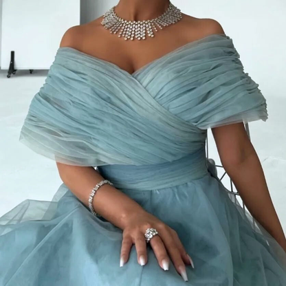 Blue and Yellow Organza Off Shoulder Wrap A-Line Gown