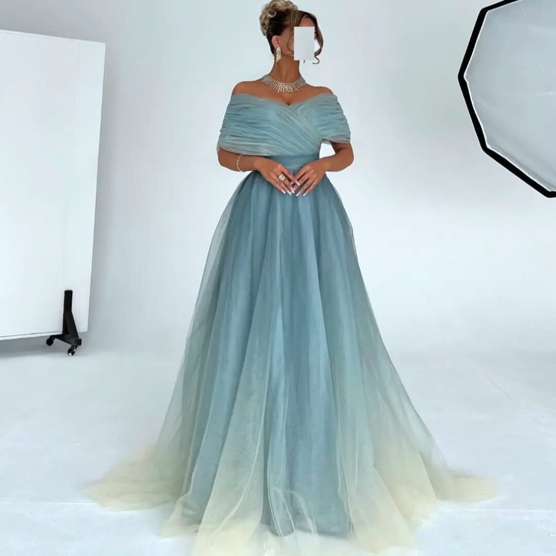 Blue and Yellow Organza Off Shoulder Wrap A-Line Gown