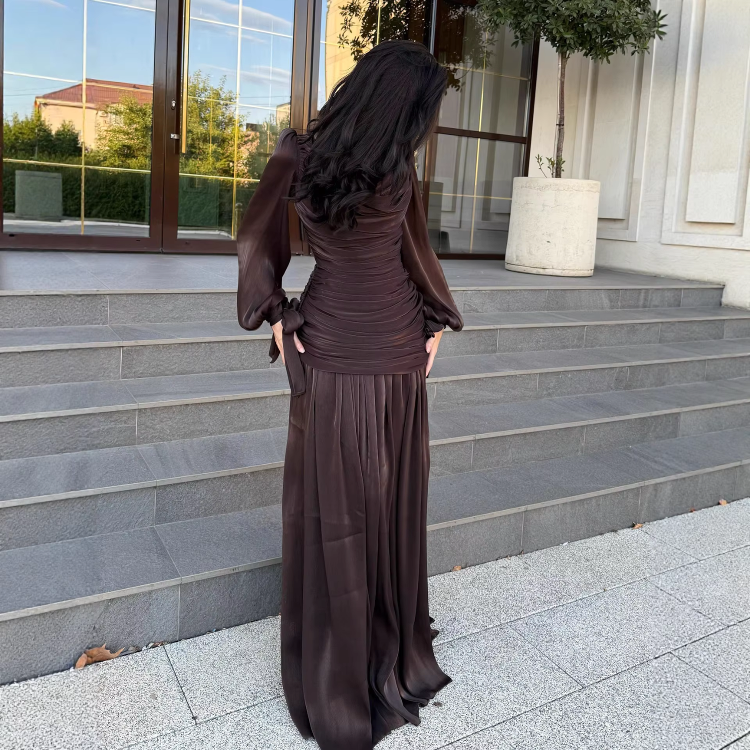 Brown Chiffon Drape Pleated Balloon Sleeves Slim Maxi Dress