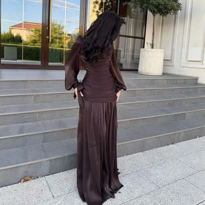 Brown Chiffon Drape Pleated Balloon Sleeves Slim Maxi Dress