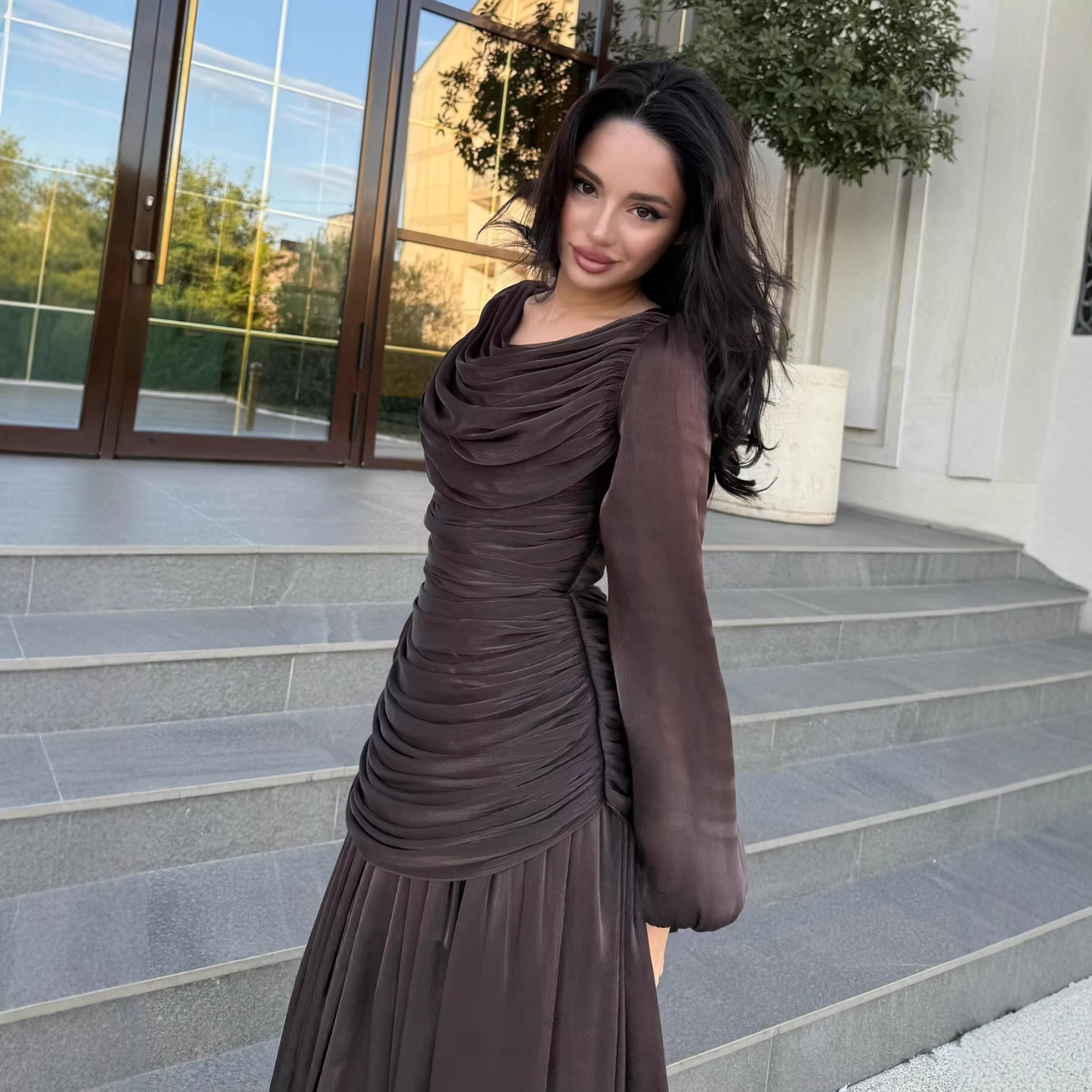 Brown Chiffon Drape Pleated Balloon Sleeves Slim Maxi Dress