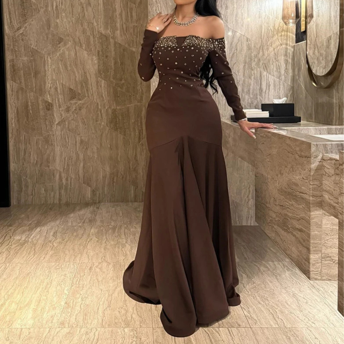 Brown Rhinestones Off Shoulder Long Sleeves Satin Mermaid Gown, Front