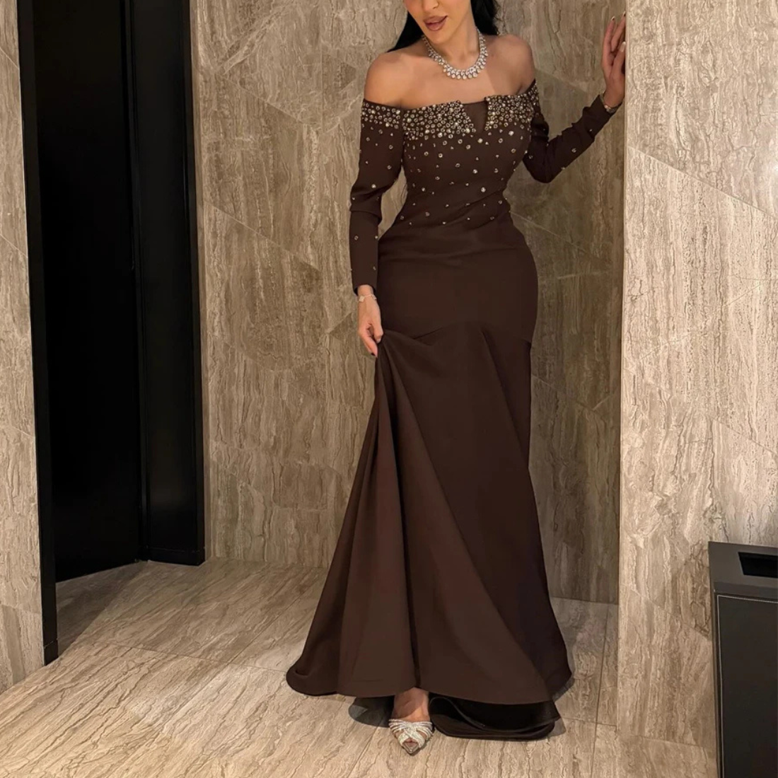 Brown Rhinestones Off Shoulder Long Sleeves Satin Mermaid Gown, Left