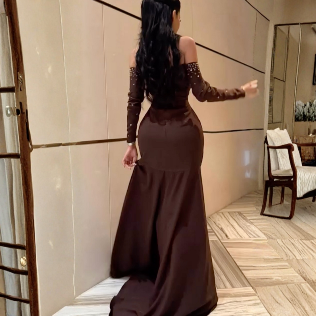 Brown Rhinestones Off Shoulder Long Sleeves Satin Mermaid Gown, Back