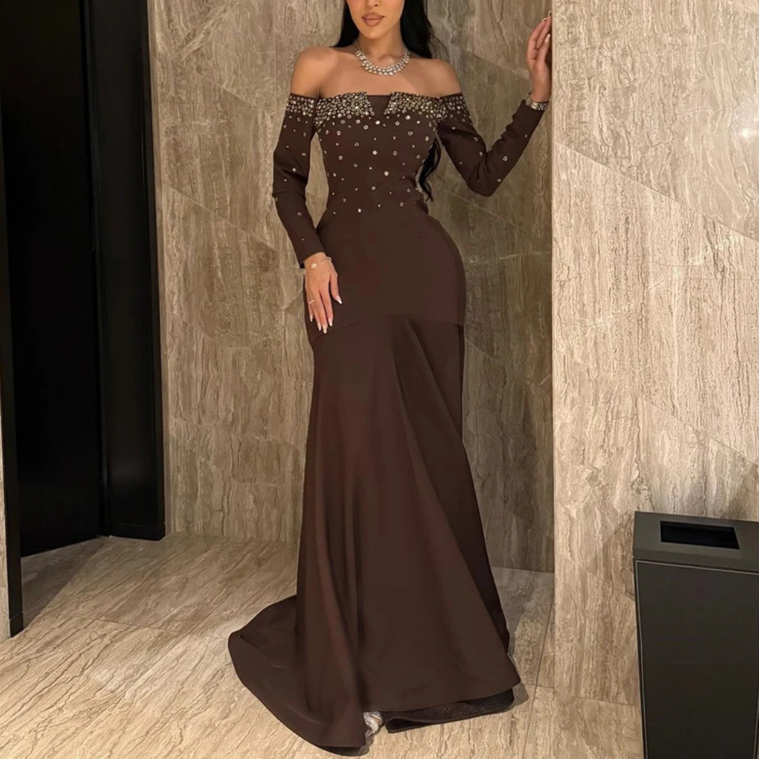 Brown Rhinestones Off Shoulder Long Sleeves Satin Mermaid Gown