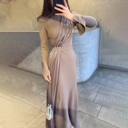 Brown Satin Drape Modest High Neck Slim Maxi Dress, Left