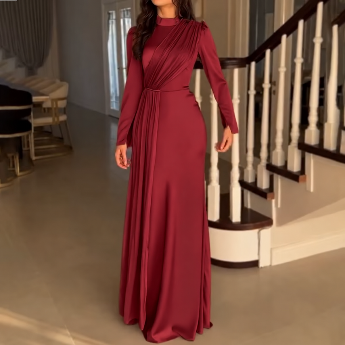 Red Satin Drape Modest High Neck Slim Maxi Dress