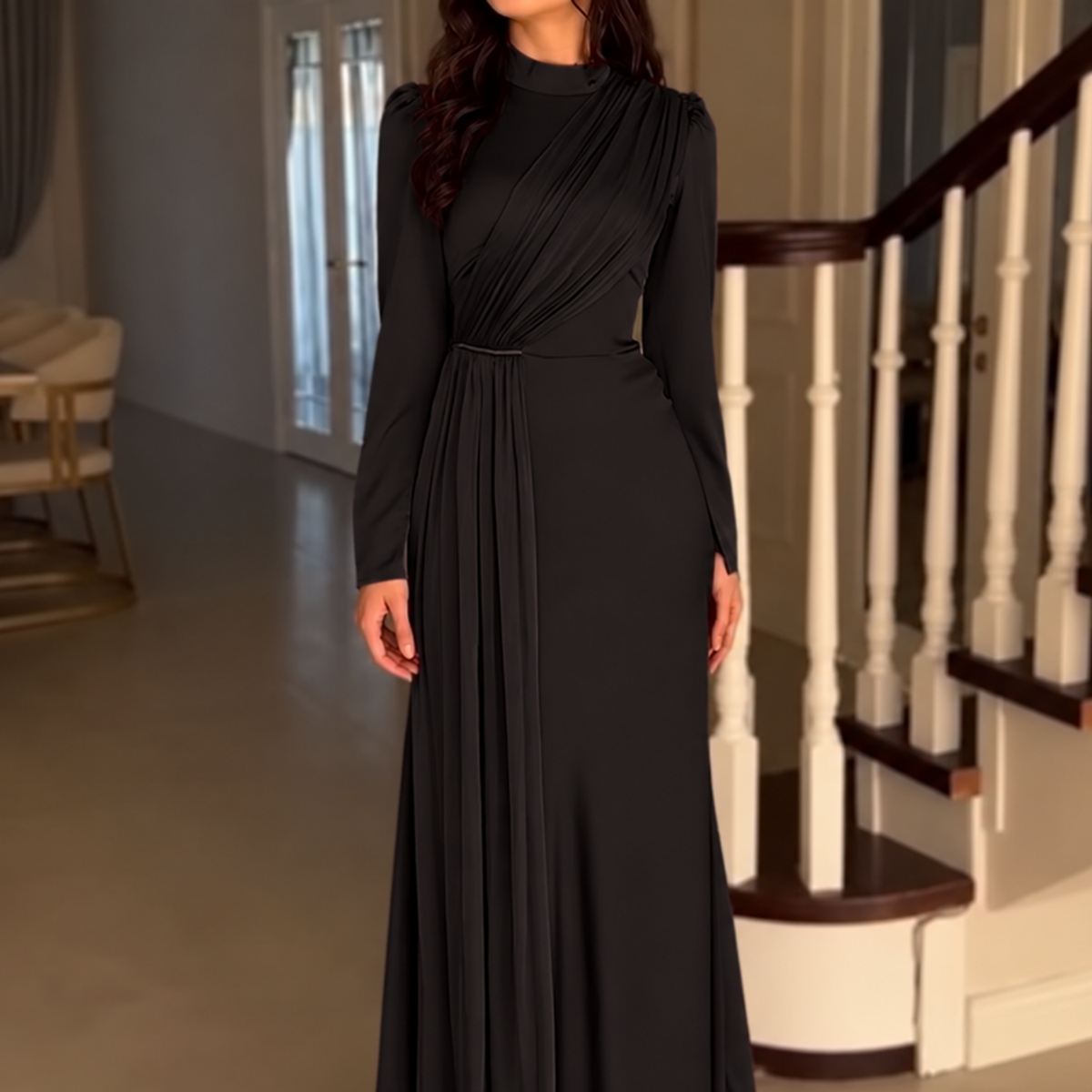 Black Satin Drape Modest High Neck Slim Maxi Dress
