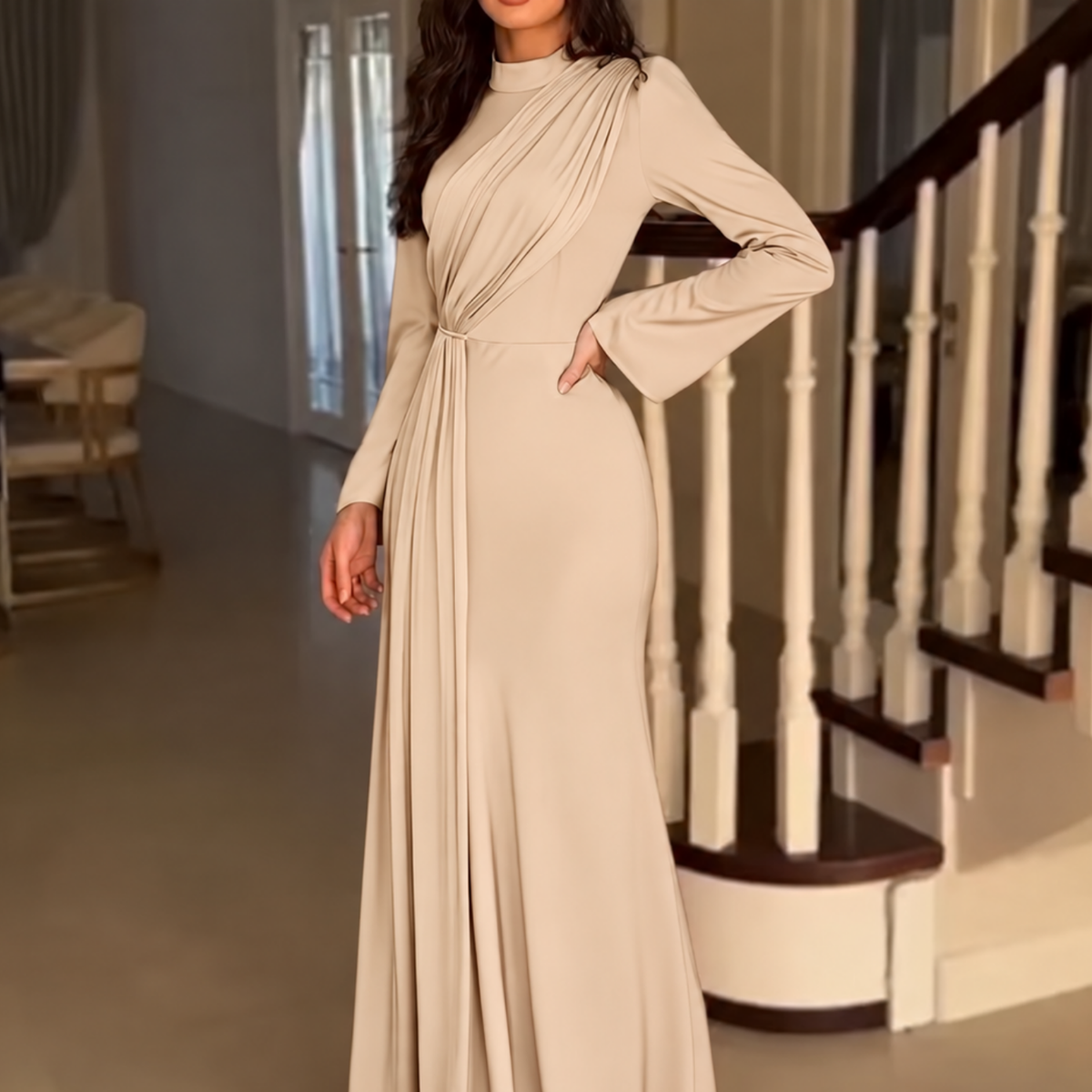 Off White Satin Drape Modest High Neck Slim Maxi Dress