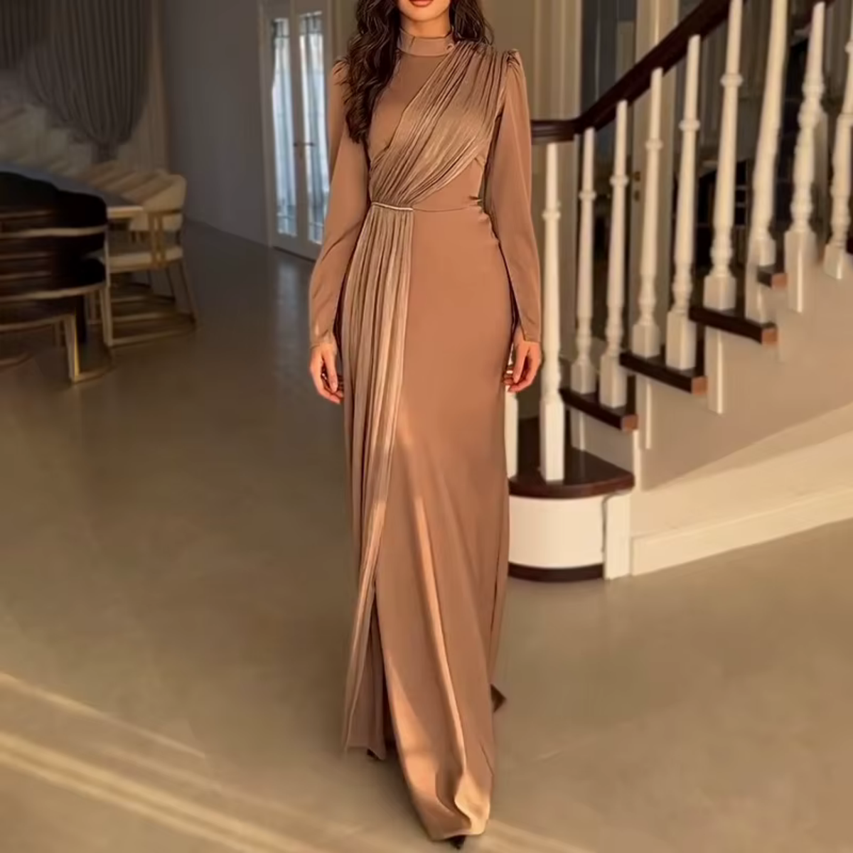 Brown Satin Drape Modest High Neck Slim Maxi Dress