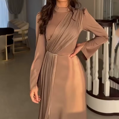 Brown Satin Drape Modest High Neck Slim Maxi Dress, Close Up
