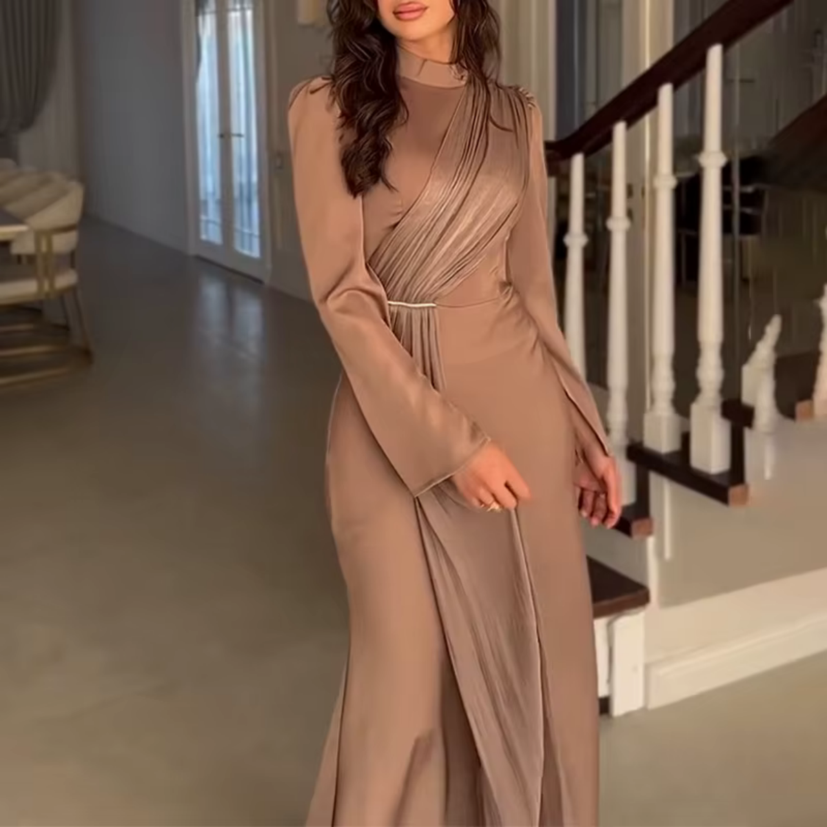 Brown Satin Drape Modest High Neck Slim Maxi Dress, Side