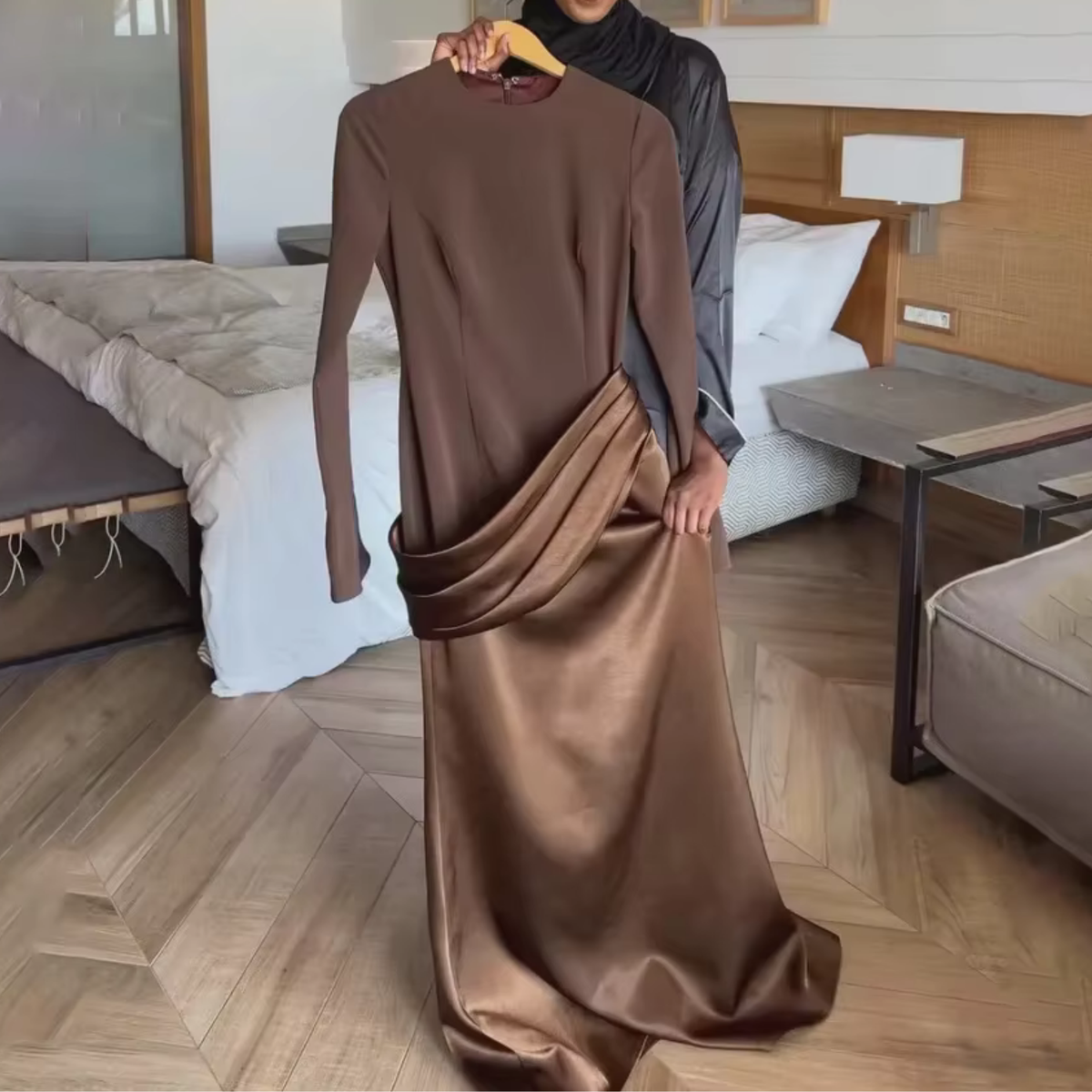 Brown Satin Modest Draped Mermaid Floor-Length Dress