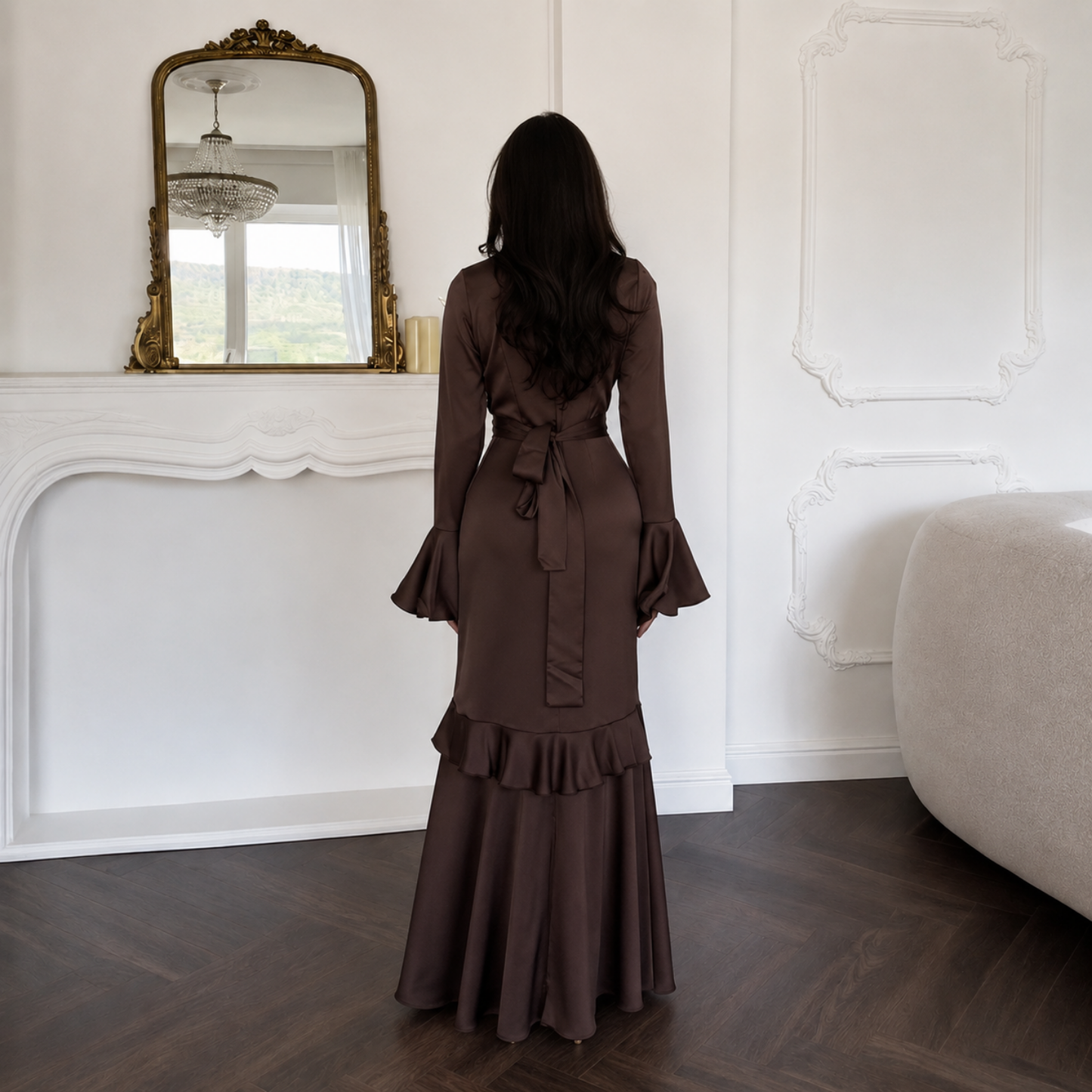 Brown Satin Modest Frill High Neck Flare Sleeves Slim Maxi Dress, Back