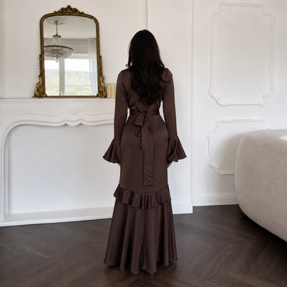 Brown Satin Modest Frill High Neck Flare Sleeves Slim Maxi Dress, Back