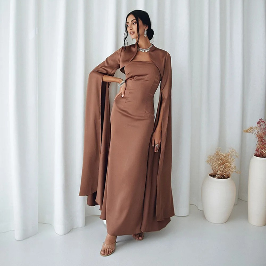 Brown Satin Modest Long Drape Sleeves 2 Piece Dress Set