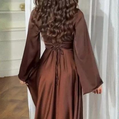 Brown Satin Square Neck Sparkly A-Line Long Dress, Back