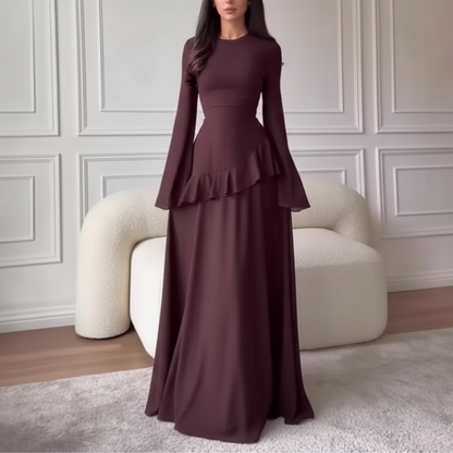 Brown Modest Chiffon Flare Sleeves A-Line Long Dress