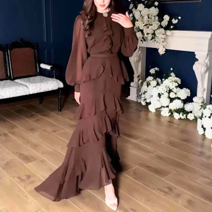 Brown Modest Chiffon Ruffle Puff Sleeves Mermaid Long Dress