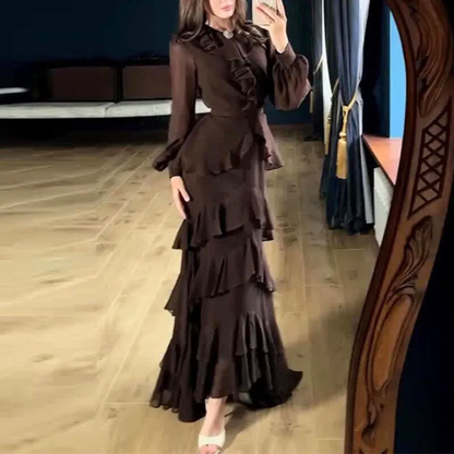 Brown Modest Chiffon Ruffle Puff Sleeves Mermaid Long Dress, Left