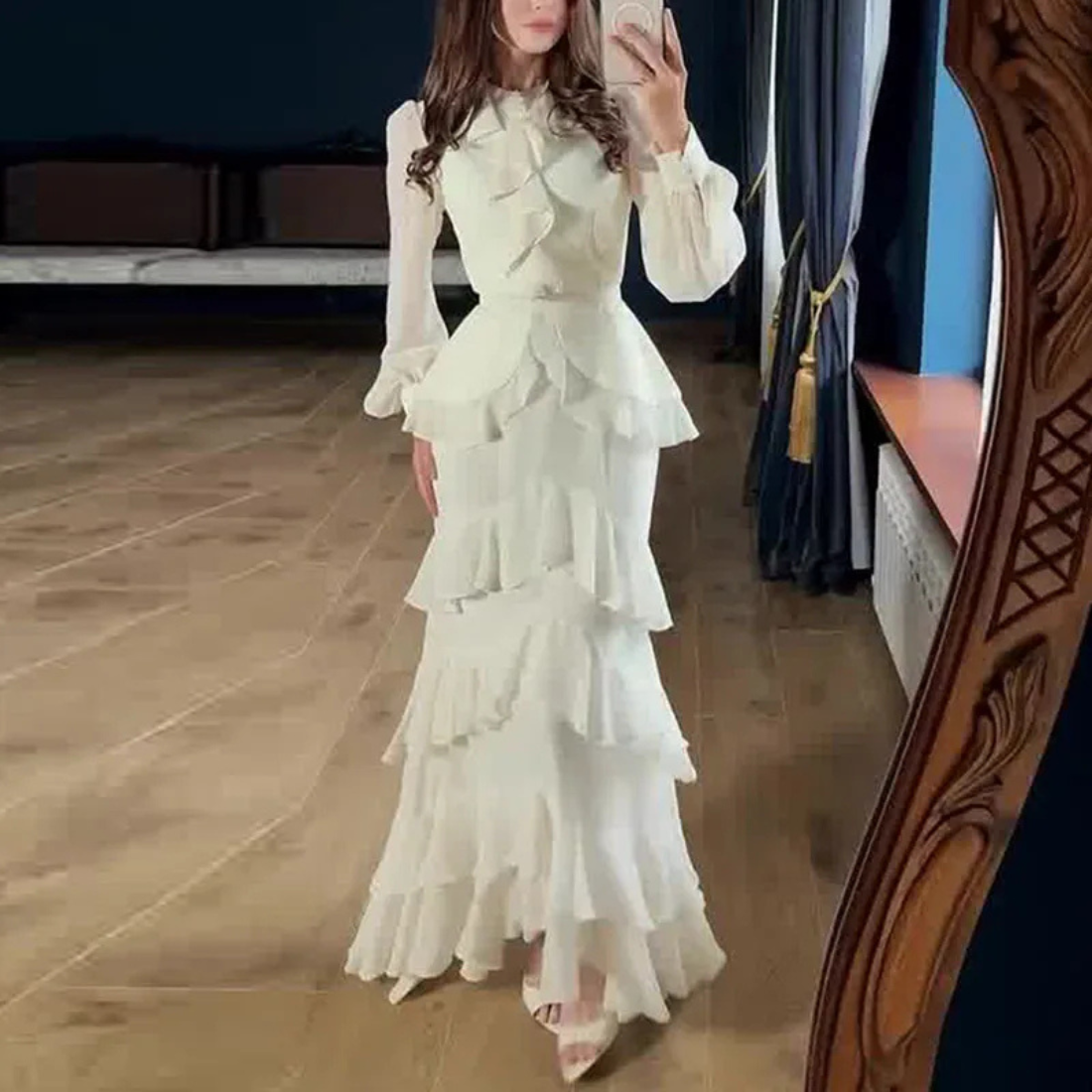 Brown Modest Chiffon Ruffle Puff Sleeves Mermaid Long Dress, Front